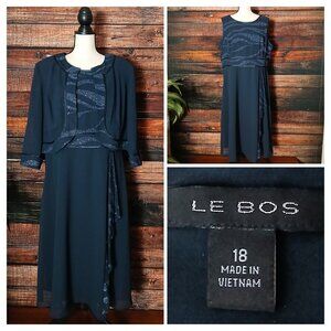Le Bos Two Piece Dress Suit Plus Size 18 Midi Navy Blue Glitter Sheer Jacket